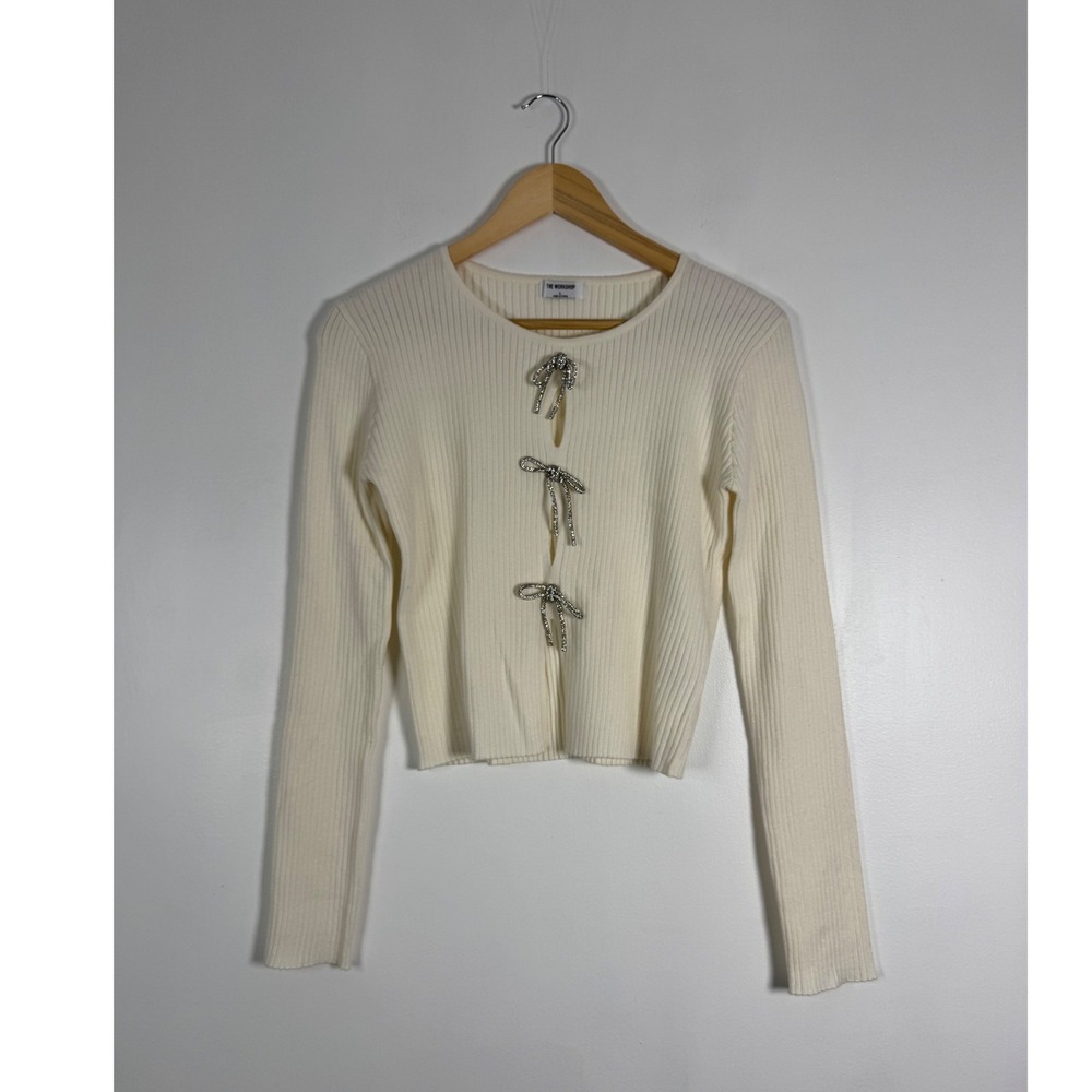 Coquette The Workshop Womens L Cardigan Off White Rhinestone Bow Ribbed TW2043